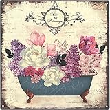 Blechschild Badewann mit Blumen 30 x 30 cm Geschenk-Idee aus Metall Vintage-Design zur Dekoration
