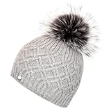 MJÚK Iceland Mütze Norse grau, superweiche Strickmütze aus Angora- und Merinowolle, Wintermütze mit Fleecefutter mit Bommel aus Silberfuchs