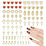 Gold Nail Charms,80 Stück Kreuz, Rose, Herz, Jungfrau Maria Nagel Edelsteine, Metall Legierung Nagel Zubehör für Maniküre Design Dekorationen DIY Handwerk