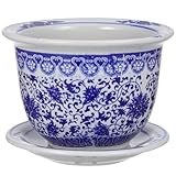 Angoily Blauer Und Weißer Keramik-Übertopf 1 Set Chinesische Keramik-Blumentöpfe Orientalischer Übertopf Dekorativer Sukkulenten-Blumentopf Mit Tabletts Für Den Balkon
