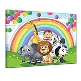 Wandbild Kinderbild Tierparade - 80 x 60 cm Bilder als Leinwanddruck Fotoleinwand Kinder Cartoon - Bunte Party mit Ballons und Regenbogen