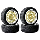 KINGCOO RC Drift Autoreifen, 4Stück 65mm Gummireifen und Kunststoffbeschichtung Räder Reifen Felgen Set für 1/10 RC On-Road Touring Rennwagen für HSP HPI Kyosho Tamiya (Gold Silber, Offset:3mm)