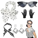 HAMOOM 5TLG Rockabilly Accessoires 50er Jahre Kleid Zubehör mit Polka Dot Chiffon Schal 60er Jahr Kleidung Set 1950s Kostüm für Motoparty Retro Teily Party