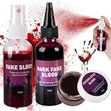 Halloween Kunstblut Fake Blood 3er Set - 60ml Kunstblut Spray + 60ml Tropfendes Blut + 30g Geronnenes Blutplasma, Abwaschbar Fake Blut Halloween Schminke für SFX Make Up Zombies Vampire Cosplay (A)