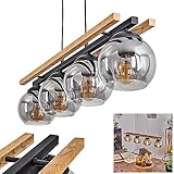 Pendelleuchte Podre, Hängelampe aus Metall/Holz/Glas in Schwarz/Natur/Rauchfarben, Hängeleuchte im Retro/Vintage-Design m. Glasschirmen (Ø 15cm), 4-flammig, Höhe max. 120cm, 4x E27, ohne Leuchtmittel