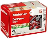 fischer DuoPower 6 x 30, Universaldübel, leistungsstarker 2-Komponenten-Dübel, Kunststoffdübel zur Befestigung in Beton, Ziegeln, Stein, Gipskarton uvm., ohne Schrauben, 100 Stück