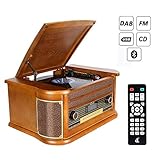 Plattenspieler 7-in-1 Vinyl Turntable de dl Record Player Vintage Holz mit Bluetooth, UKW-Radio, Integrierte Stereo-Lautsprecher, CD/MP3/Cassette Spielen,/USB Play & Encoding (DL-189BD-99)