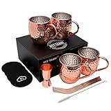 Hey Taani Moscow Mule Becher 4er Set - Elegantes Cocktail Set Kupfer Moscow Mule Tassen, 4X Untersetzer, 4X Kupferstrohhalme, 1x Strohbürste, Moscow Mule Becher für eine Vielzahl von Anlässen
