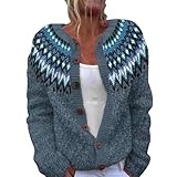 Strickjacke Damen Kurz Grobstrick Cardigan Isländischer Strickpullover Fair Isle Grobstrickjacke Weich Übergangsjacke Elegant Strickcardigan Warm Strickpullover Offene Strickmantel mit knöpfen