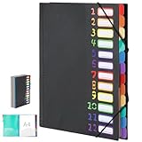 Euqvunn 12-Fach Dokumentenmappe A4, 180° Lay-Flat Open Mappe mit Fächern, Ordnungsmappe mit Gummiband, Schwarz A4 Sortiermappe mit Regenbogen-Etiketten, Ideal für Büro und Schule