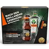 Jägermeister Set BBQ-Grillsauce - Premium Kräuterlikör 700ml 35% Vol - Barbecue Sauce 250ml für Steaks, Hähnchen, Burger, als Marinade & Dip inkl. Grillschürze - limitierte Geschenk Box