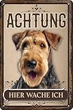 30 x 20 cm wetterfestes Blechschild, Warnhinweis, Torschild, Achtung, hier Wache ich! Warnung vor dem Hund (Airedale Terrier)