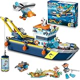 HOGOKIDS City Schwimmfähiges Boot Baukasten mit LED Licht - Spaß Arctic Explorer Schiffs Baustein Ozean Exploration mit Hubschrauber U-Boot Geburtstags Geschenk für 6+ Jahre alte Jungen Mädchen Kinder