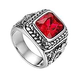 Flongo Herrenring Männer Ringe Daumenring Bandring Siegelring mit Glas Edelstein Silber Rot Drache Schnitzerei Klassiker Charm Herren-Accessoires Größe 54