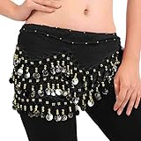 FLOFIA 1 Stück Damen Bauchtanz Gürtel Chiffon Hüfttuch Bauchtanz Münztuch Bauchtanz Münzgürtel Tanztuch Bauchtanz Kostüm mit 128 Münzen für Mädchen Frau Schwarz