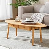 [en.casa] Couchtisch Harboøre Wohnzimmertisch Ovaler Kaffeetisch mit Holz Beinen Sofatisch mit 2 Schubladen 37x100x48cm für Wohnzimmer Bambus Naturfarben