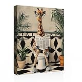 Galmcook Badezimmer Wandbild Leinwandbild mit Rahmen Lustige Giraffe auf Toilette – Humorvolles Kunstdruck Dekobild für Bad, Gäste WC oder Toilette Wanddeko mit Haken und spurlosen Nägeln 30x40 cm