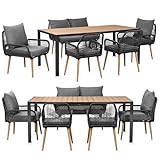 Swing&Harmonie® Gartenmöbel Lounge-Set „Sienna“ – Sitzgruppe mit Tisch, Sofa, Sesseln & Stühlen – wetterfest – Seilgeflecht – WPC-Tischplatte – Outdoor Essgruppe (anthrazit/Holz, 6 Personen XL)