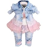Yao 6M-5J Baby Mädchen 3-teilige Sets Button-Stil Jeans-Jacke und Jeans mit Spitze und gestickte Langarm-T-Shirts