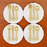 Odoria 1/12 Miniatur Teller 4 Stück und Besteck 12 Stück Puppenhaus Küche Geschirr Zubehör, Gold