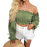 Damen Sexy Off-Shoulder Crop Top Puff Langarm Ruffled Tube Top Low Back Rüschen Cropped Bluse T-Shirt (Grün, Small)