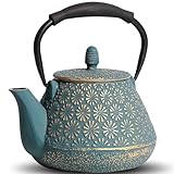 MILVBUSISS Gusseisen-Teekanne, 950ml japanisches Kirschblütenmuster Teekessel, herdtauglich, Infuser für losen Tee & Kaffee, Silikon-Griff, emailliertes Innenleben, 32oz Blau