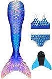 BOSKRU Meerjungfrauenflosse Mädchen Badeanzug - Meerjungfrau Flosse Bademode mit Bikini Set und Monoflosse, 4 Stück Set, Mehrfarbig (A22), 130