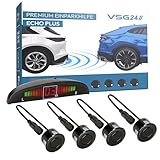 VSG24 Premium Einparkhilfe hinten mit Display zum nachrüsten am Auto, PDC Parksensoren hinten mit Stecksystem für einfachste Montage - 4 Rückfahrwarner Sensoren Parkhilfe Nachrüstsatz Schwarz