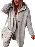 Onsoyours Damen Strickjacke Lang Cardigan Kapuzenpullover Lose Warm Herbst Winter Jacke Mantel mit Kapuze H Grau M