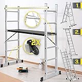 ????® Baugerüst - 4 in1 Arbeitshöhe max 280cm, bis 150kg Belastbar, Anti-Rutsch, mit Rollen - Alu Multifunktionsleiter, Leitergerüst, Arbeitsgerüst, Arbeitsbühne, Mehrzweckleiter, Arbeitsplattform