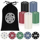 Zocipro 110 Stück Pokerchips, Jetons Chips, Poker Chips mit Nennwerten und schwarzem Samtbeutel, Partyzubehör für Spieleabende, Casino Chips für Poker, Blackjack und Casinospiele