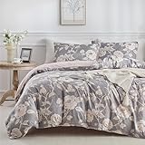 Lekesky Bettwäsche 220x240, Bettwäsche 3teilig Bettbezug, Pfingstrose Blumenmuster Bettwäsche Set 220x240 Mikrofaser mit Kopfkissenbezug mit Reißverschluss 80x80cm*2, Grau