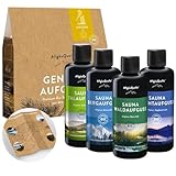 AllgäuQuelle® Saunaaufguss Set Bio 4er Sauna Zubehör 4x100ml Sauna Aufguss - Sauna Set inkl. Karte mit Allgäu Insider-Tipps
