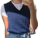 Onsoyours Damen Weste Strick Pullunder V-Ausschnitt Strickweste Kurz Ärmellos Vest Für Business und Freizeit Karo Weste Herbst Strickpullover A Marine M