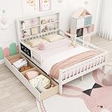 GIANTEX Kinderbett 140x200 cm mit Bücherregal & Tafel, Doppelbett mit Stauraum, Jugendbett mit 2 Schubladen, Plattformbett Bettgestell mit Rausfallschutz & Lattenrost, Holzbett für Kinder, Weiß