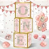 Deko 1. Geburtstag Mädchen - 3 Stück Rosa ONE Ballonbox, Rosa und Gold Ballon Box mit Diamant-Design für 1 Jahr Geburtstagsdeko Mädchen, Erster Geburtstag Babyparty Dekoration