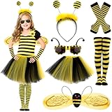 JRYBXS Bienenkostüm Kinder, Faschingskostüme Kinder, 8 Stück Biene Karneval Kostüm Kinder Mädchen Inkl Biene Haarreif Flügel Rock Handschuhe Brille Socken, Faschingskostüme Kinder Biene für Karneval