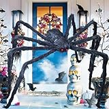 2 Meter Haarige Spinnen Dekoration Halloween, 200cm Groß Gruselige Spinnen Gefälschte Schwarz Haarige,Riese 2M Realistische Riesig Spinne mit Roten Augen Deko für Außen Innen Party, Garten, Spukhäuser
