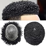 SINGA HAIR Afro-Toupet für schwarze Herren, Vollpoly-Haut, PU-Injektion, 6 mm, Afro-Wellen-Echthaar, Ersatzsystem, Afro-Locken, Haareinheiten (1# Jet Black, 6 mm Afro)