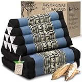 livasia Thaikissen mit 2 Auflagen - 120x50x8cm - Dreieckskissen mit Sitzkissen, Keilkissen mit Kapok, Rückenkissen faltbar, Thaimatte zum Klappen, handgefertigt, Meditationskissen (Blau/Elefanten)