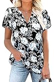 Siddhe Sommerblusen Damen, Damen Sommer Bluse mit Blütenblatt Ärmel Leicht Kurzarm Tunika Longshirt Elegant V-Ausschnitt Hemdbluse Baumwolle Blusenshirt, Blummen Muster Große Größe