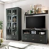 Lomadox Moderne Landhaus Wohnwand im edlem englisch-grün - inkl. Vitrine mit Rückwandbeleuchtung