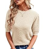 Runcati Damen Kurzarm Strickpullover Casual Rundhals Puffärmel Elegante Einfarbige Sweateshirt Pullover,Beige,XL