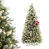 Aufun Weihnachtsbaum künstlich mit Beleuchtung 150cm Tannenbaum künstlich PVC mit Deko Schnee, Edeltanne Schnellaufbau chwer entflammbar, inkl. Christbaum Ständer (1,5m, Natur-Weiss beschneit+LED)