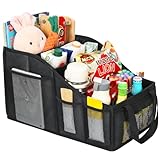 YOHOOLYO Auto Organizer Kinder Rücksitz mit 4 Fächern und 4 Getränkehalter zusammenklappbar Rückbank Beifahrersitz für Spielzeug Bücher Snacks Schwarz