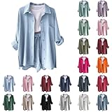 Musselin Bluse Damen Oversized - Sommer Lässig Longbluse Baumwolle Leicht Nnd Luftig Hemd Oberteile Langarm Einfarbig Modische Hemdbluse Long Shirt Elegant Leinenhemd Locker Langarmshirt Tuniken
