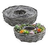 Spetebo Rattan Pflanzring Natur mit Folie 2er Set - 30/25 cm - Naturfaser Blumenschale zum direkten Bepflanzen - Garten Deko Blumentopf Pflanzenschale Blumen Korb Pflanzen Schale Kräuter Topf