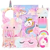 Herenear Einhorn Kuscheltier Tagebuch mit Schloss, Einhorn Geschenke für Mädchen, 12er Set Einhorn Plüsch Spielzeug Mädchen, Kuscheltier Leuchtende Geburtstag Geschenk