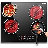 Karinear Heraplatte 4 Kochfelder, Glaskeramikkochfeld 60cm Autark Einbau, Touch-Steuerung, Keramikkochfeld 4 Platten 6000W, Timer, Sicherheitsverriegelung, Restwärmeanzeige, 240V, Kein Stecker