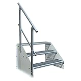 SRM Design 3 Stufen Standtreppe Stahltreppe Wangentreppe Gitterrosttreppe Außentreppe Industrietreppe freistehend Breite 100cm Höhe 63cm weiß 1x Geländer